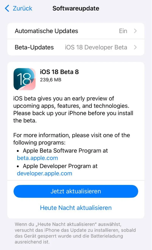 红山苹果手机维修分享苹果 iOS / iPadOS 18 开发者预览版 Beta 8 发布 